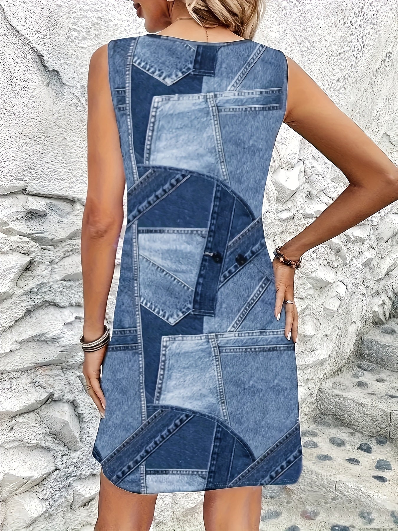 Chic Sleeveless Denim Print Dress for Women - Casual A-Line with Keyhole Neckline, Polyester Blend, Machine Washable, Western Patchwork Design, Perfect for All Seasons, Denim Dress